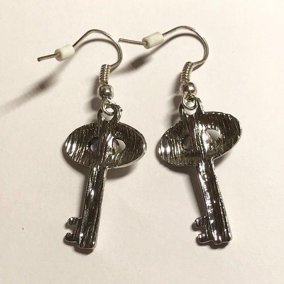 Key Earrings Silver Tone Plated Crystal Padlock Lock Steampunk Vintage Style - Picture 5 of 9